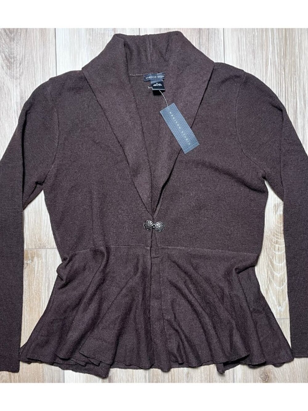NWT Madison Studio Wool Chocolate Heritage Brown Pewter Peplum Cardigan -Size XL